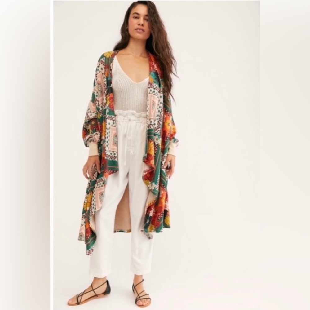 Free People Red Eye Printed Cardigan Duster Sweater Cotton Pockets Sz M/L RARE